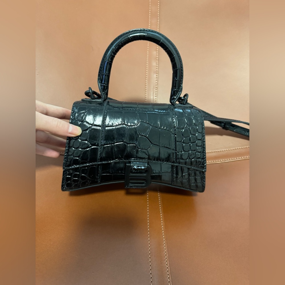 Hourglass croc-embossed leather top handle bag